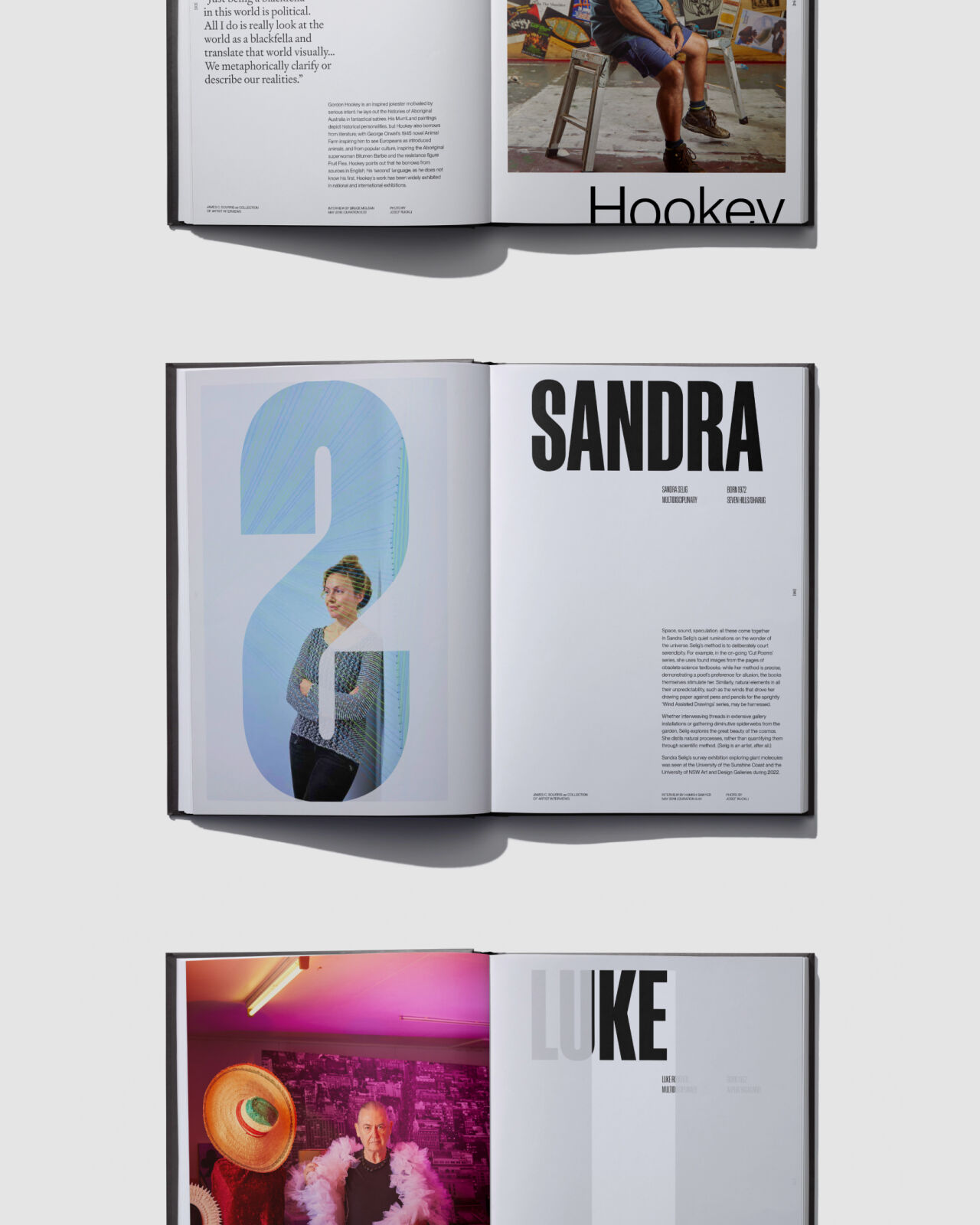 Collection of spreads from the Meet The Artists publication design, featuring interesting layouts and typography.