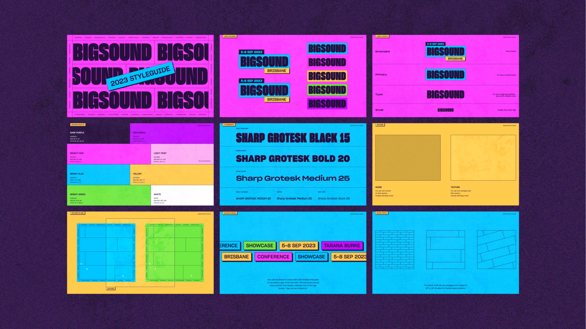 Pages from the Bigsound 2023 styleguide including logo rules, colour palette, and graphic devices