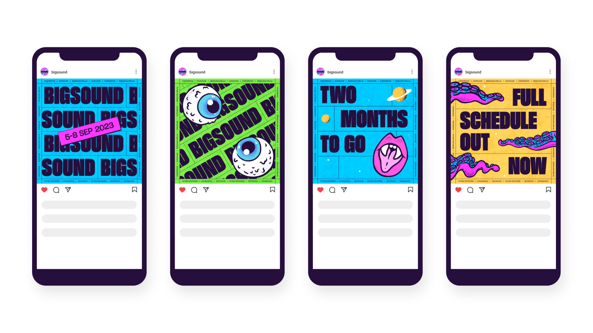 Four mobile phones showing social media post designs for Bigsound 2023