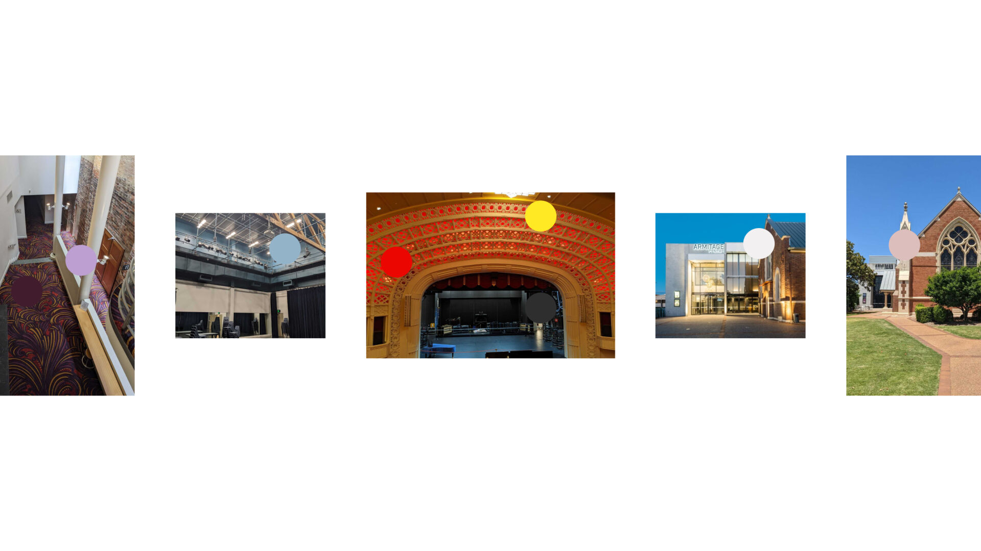 Multiple photos of the Empire Theatre precinct showing how the brand colour palette was picked from the buildings. 