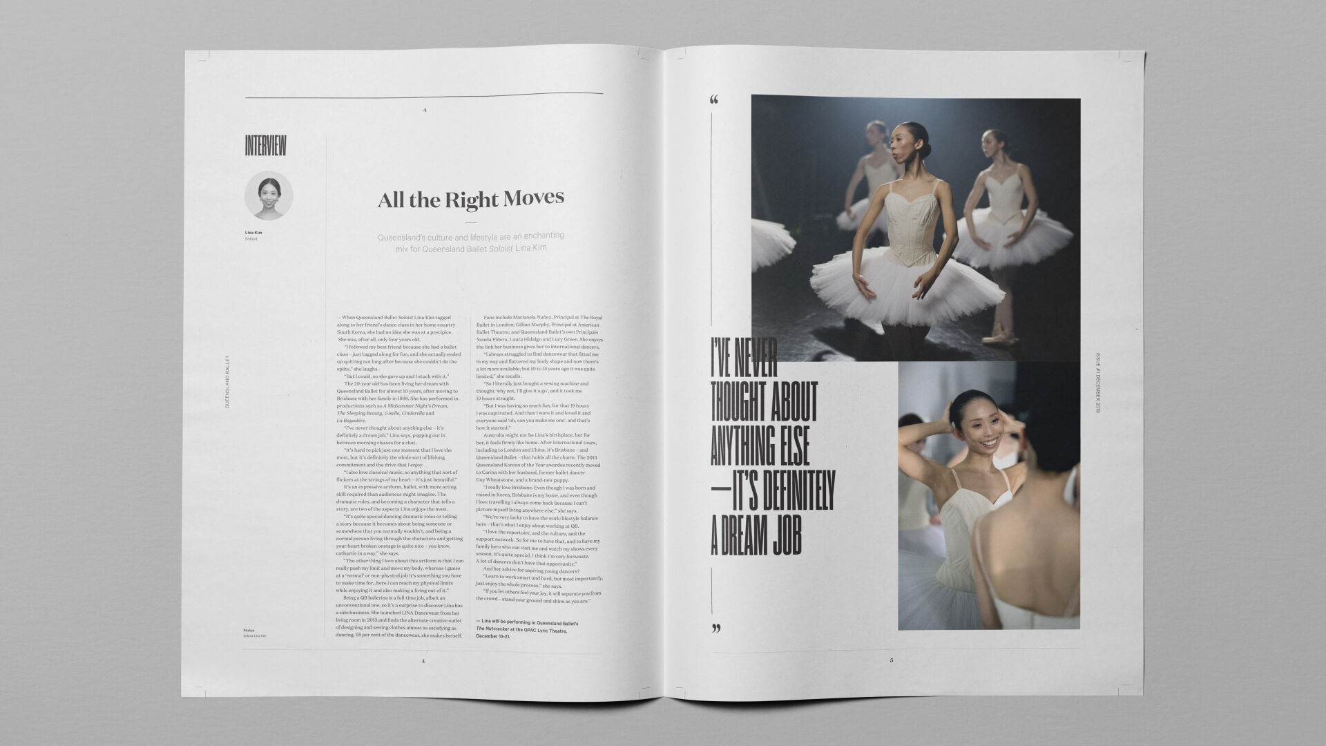 Modern spread design with asymmetrical layouts and bold typography