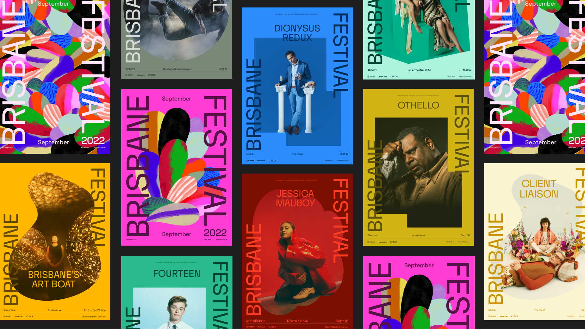 Posters for the Brisbane Festival brand, using different colours and image masks.