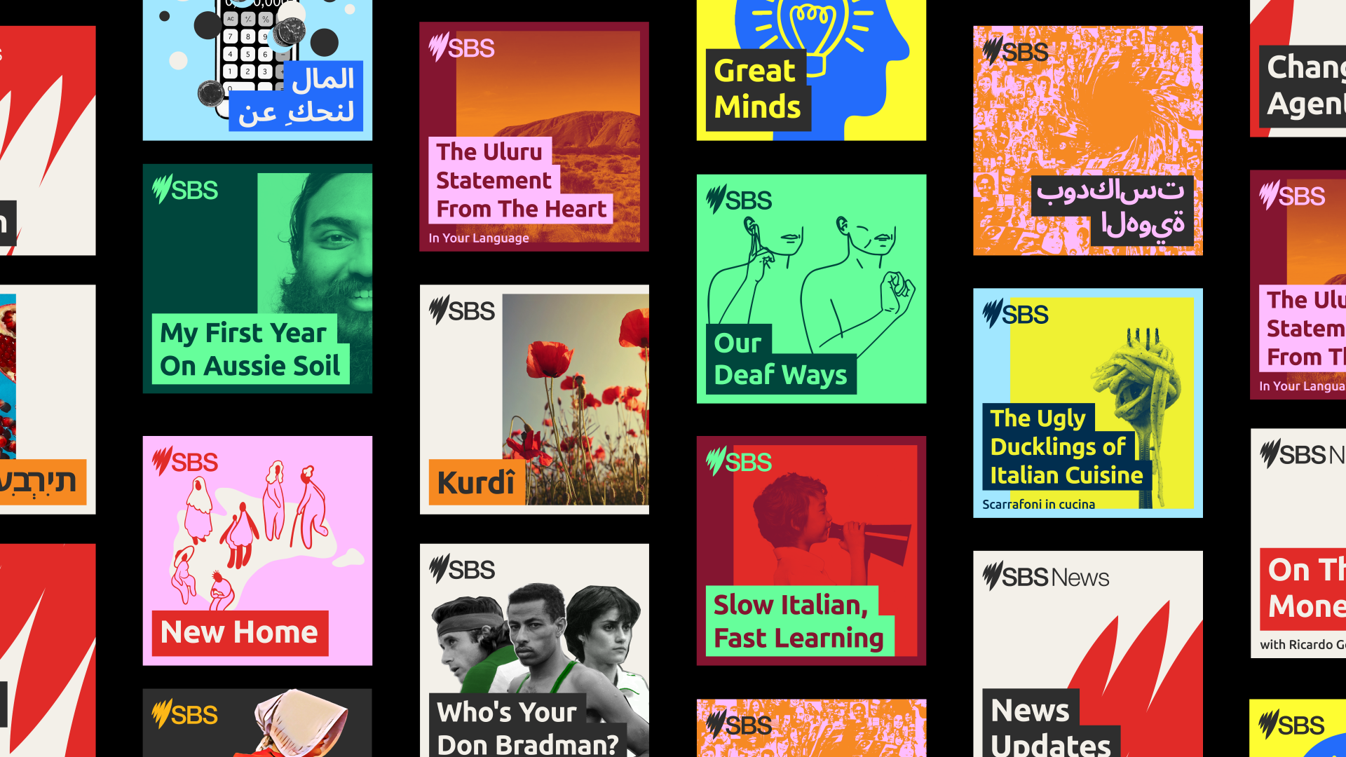 Inclusive, accessible, colourful designs for the SBS podcast tiles