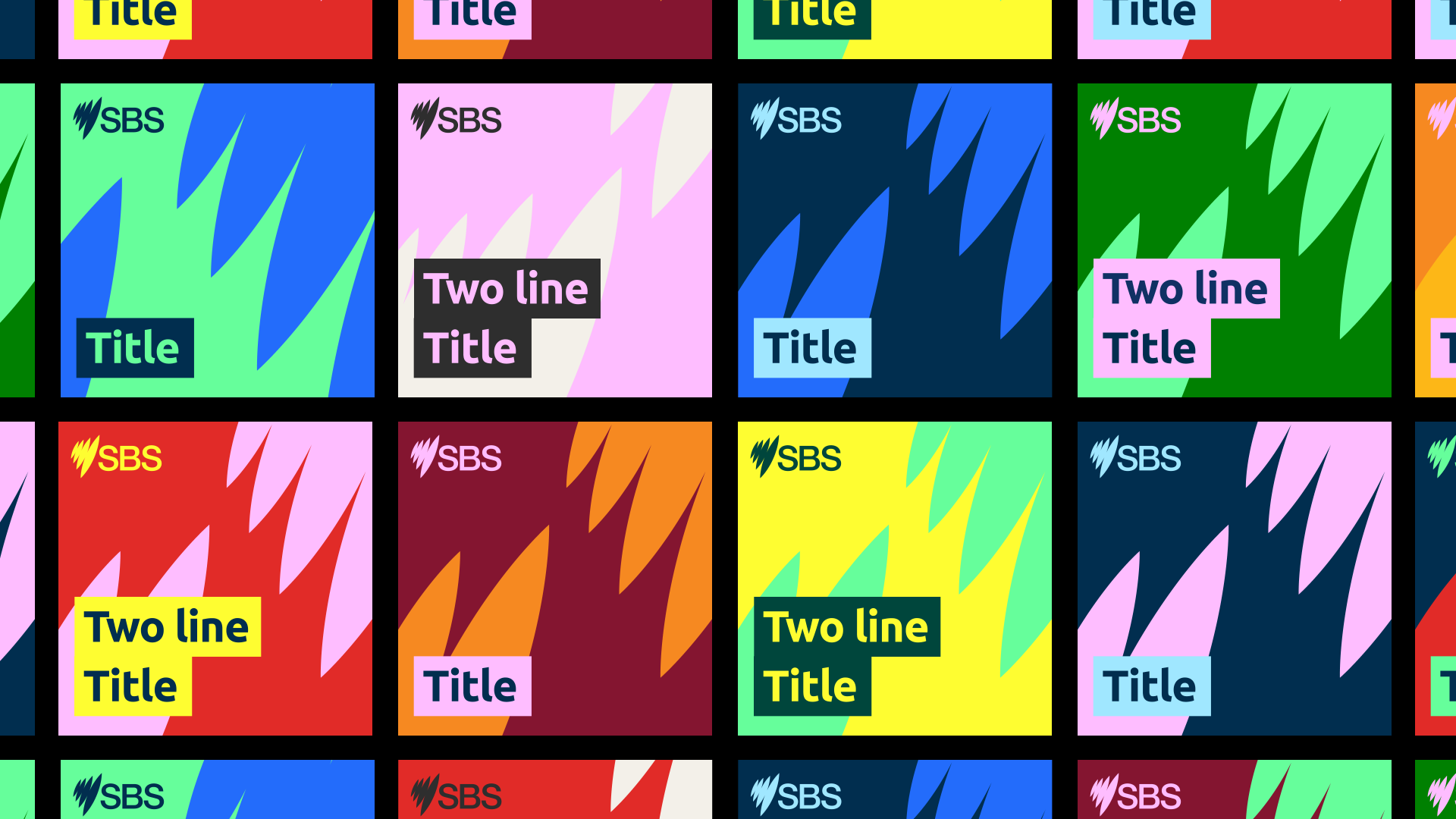 SBS Podcast tile designs showcasing the bright colour palette