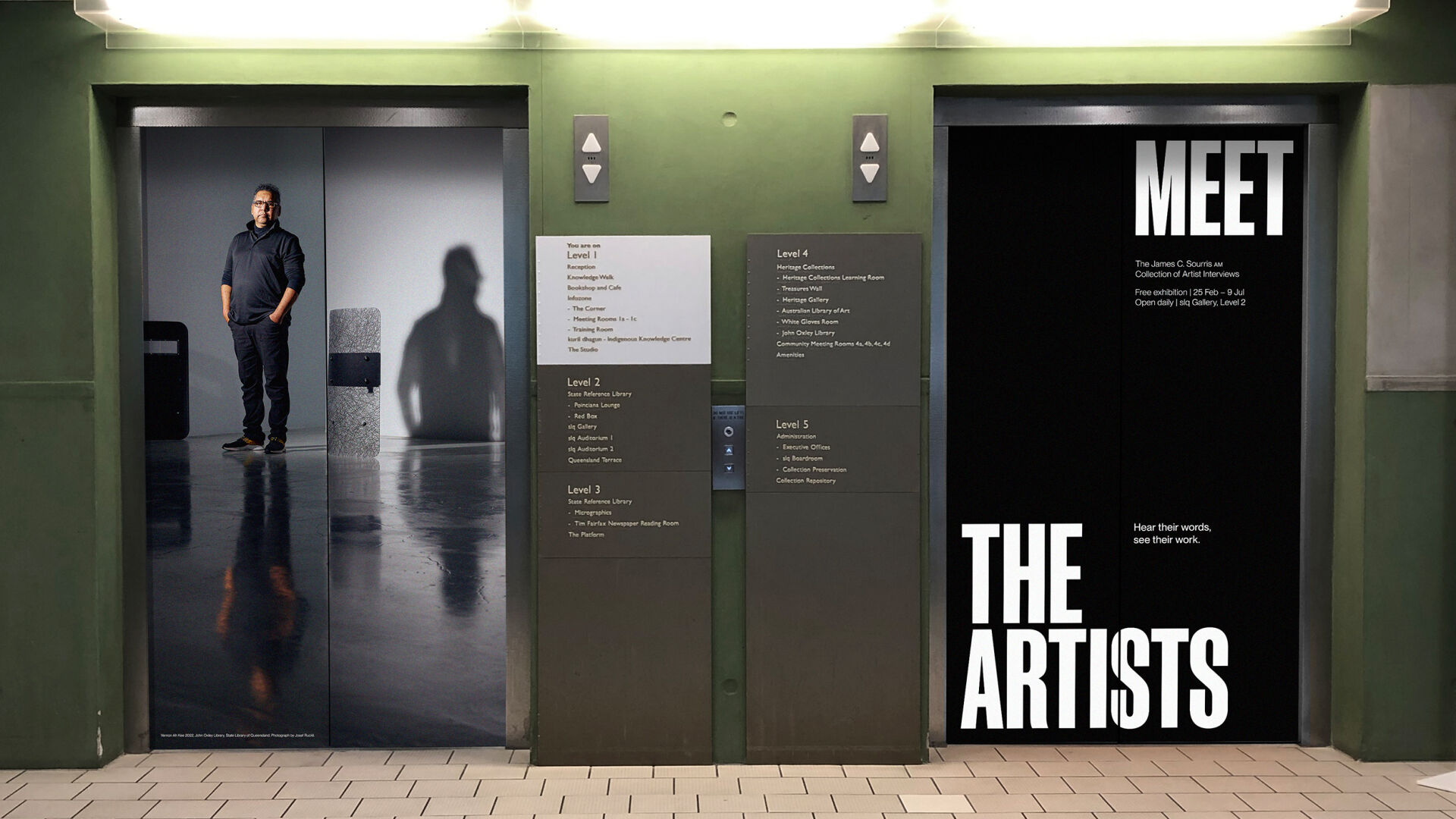 Lift wrap designed for the Meet The Artists Exhibition in Brisbane, featuring photography and strong typography.