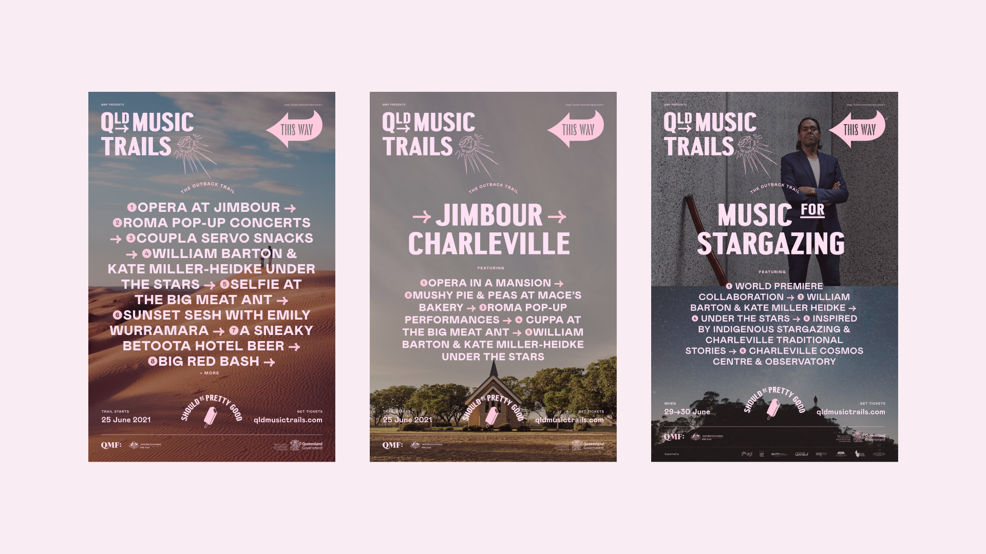 Poster designs for the Trails brand, featuring typography and illustrations
