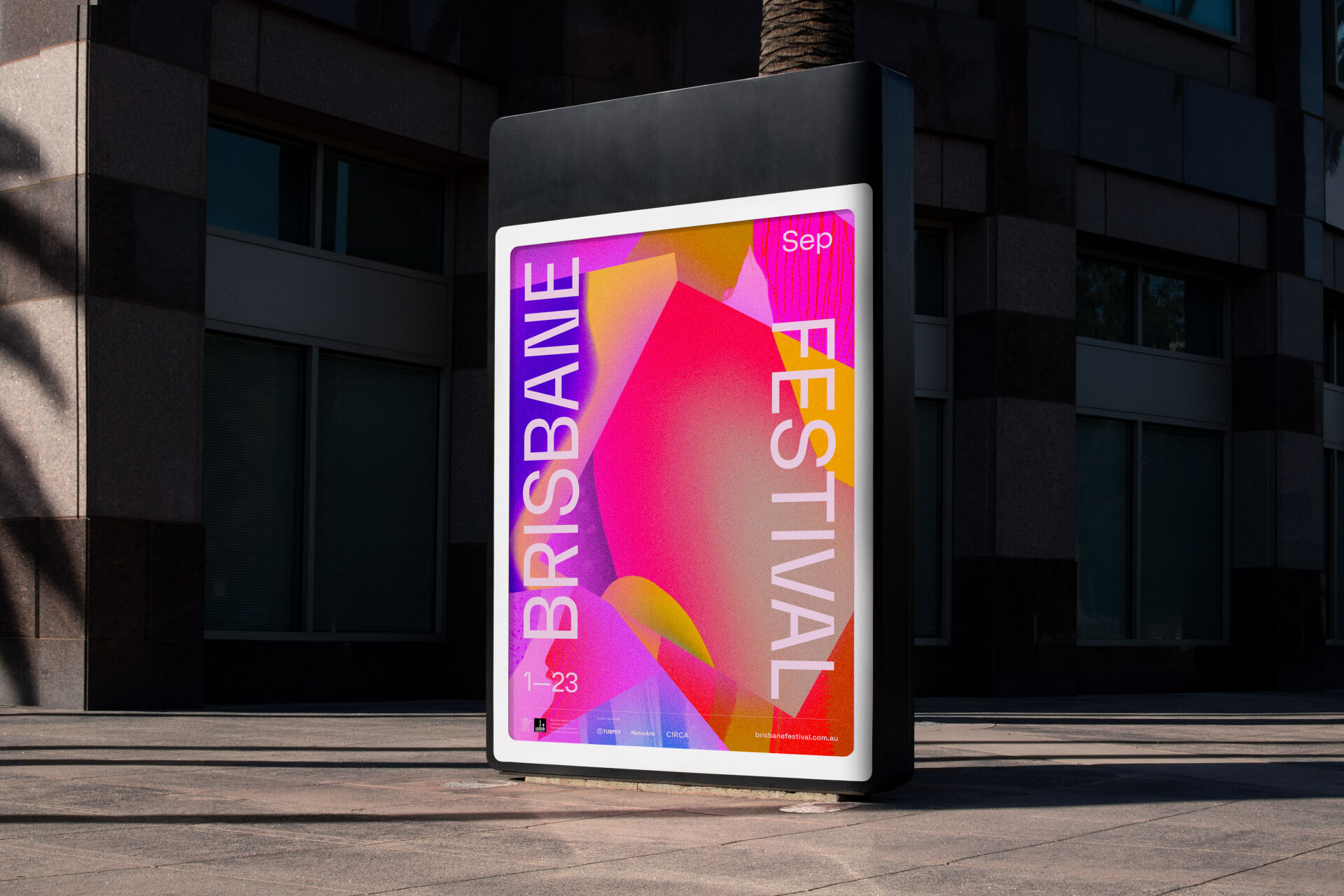 Bright, colourful billboard designed for the Brisbane Festival 2023 brand identity.