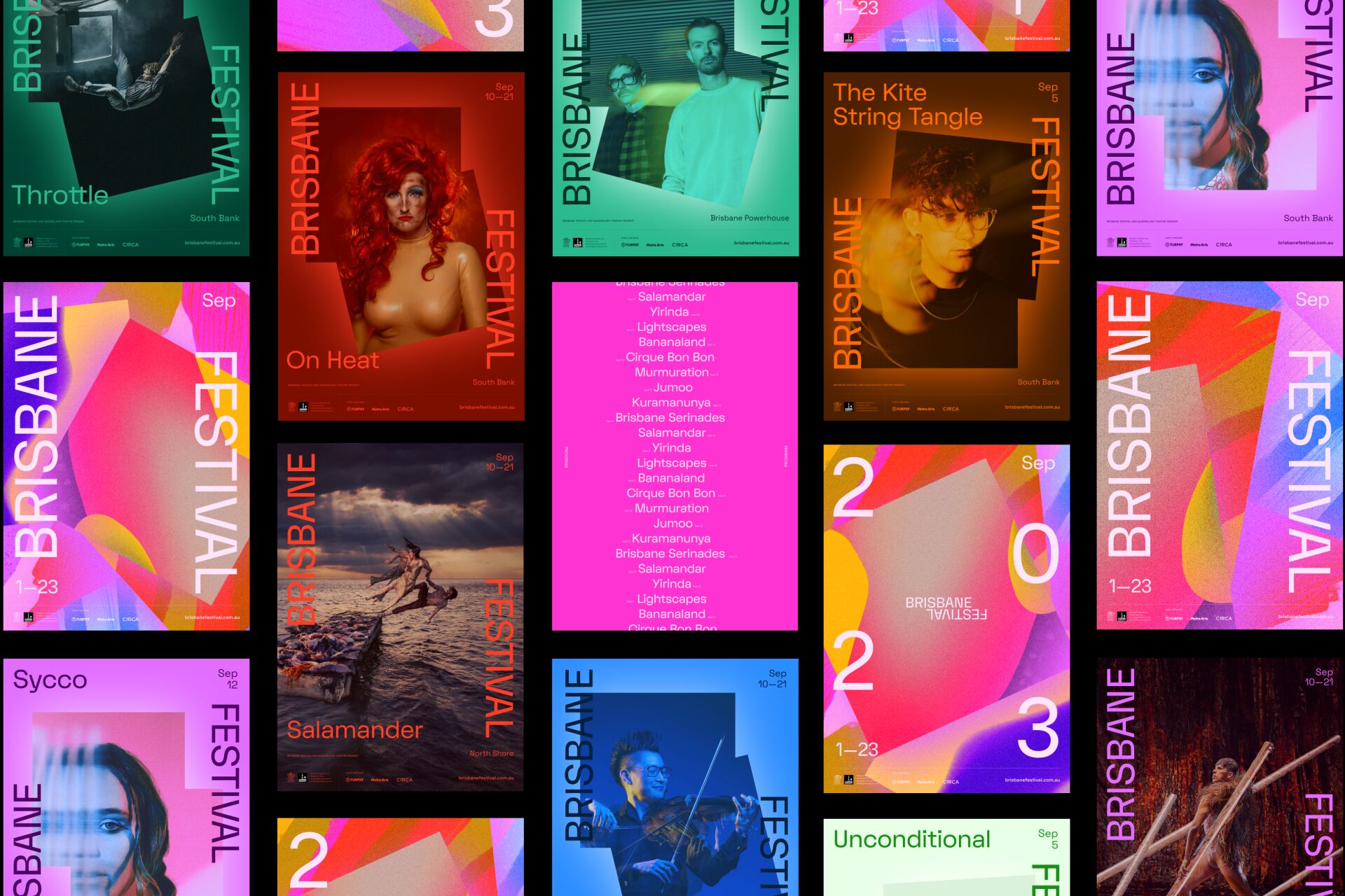 Collection of posters designed for the 2023 Brisbane Festival brand identity.