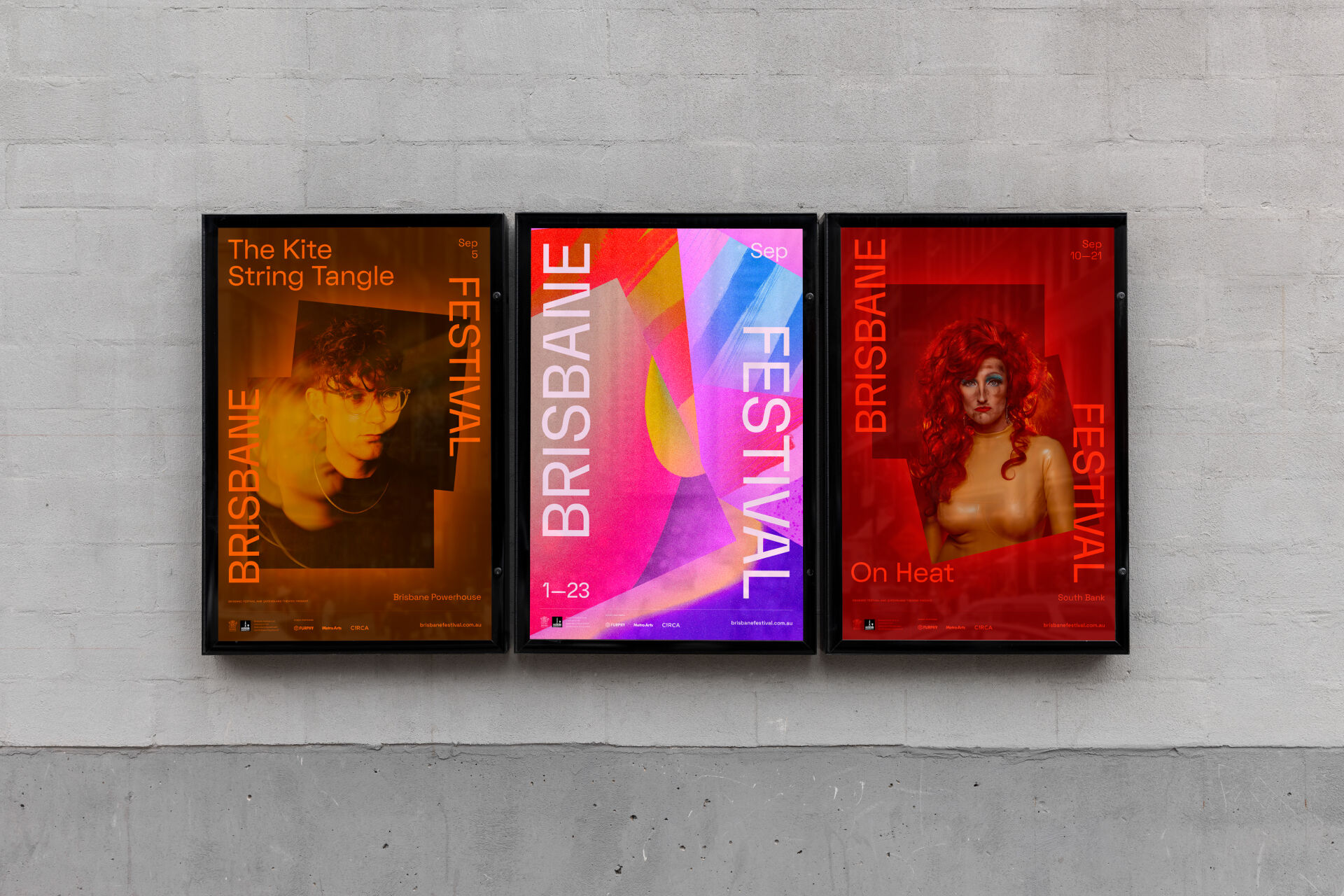 Three poster designs for the Brisbane Festival 2023 brand identity, showing programming and brand executions.