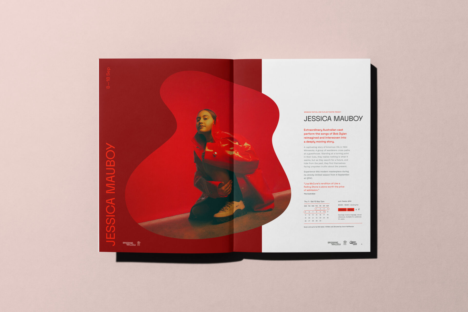 Internal spread design showcasing custom image shapes and colour palette