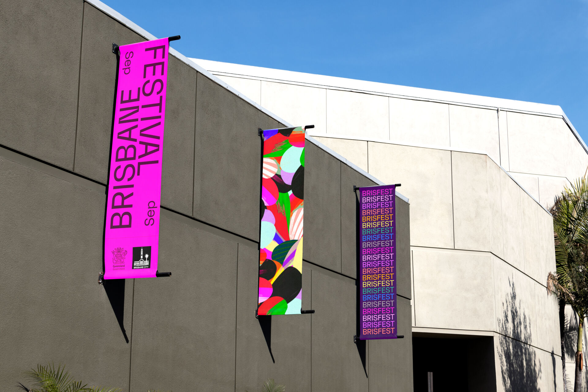 Bright, colourful banners featuring typographic and illustrative designs