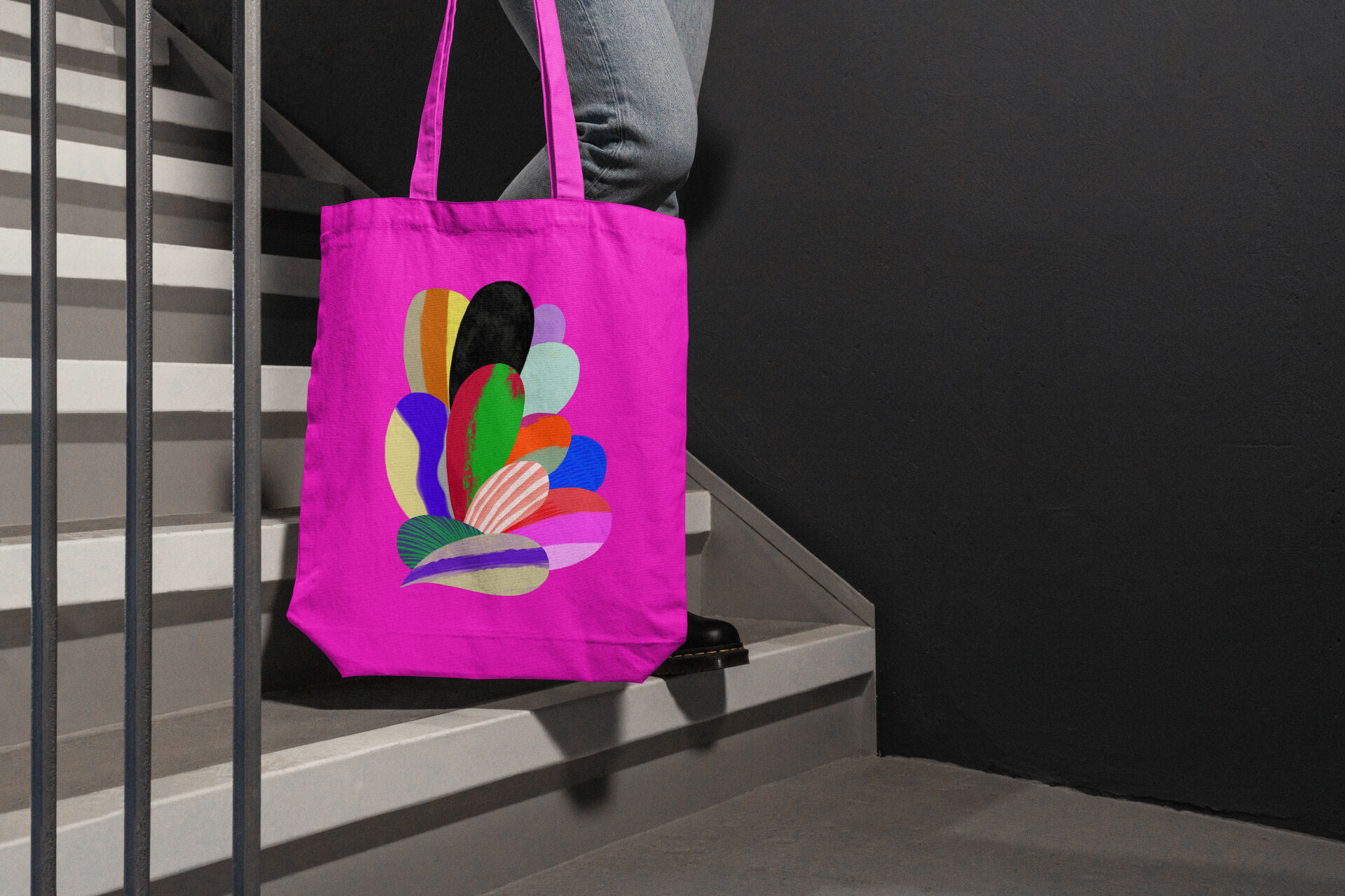 Bright pink tote bag with a colourful illustration