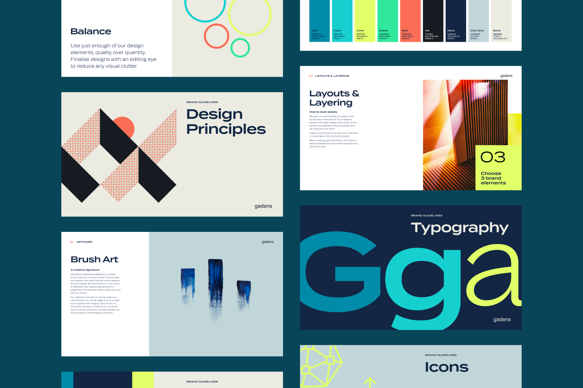 Pages from the Gadens brand styleguide