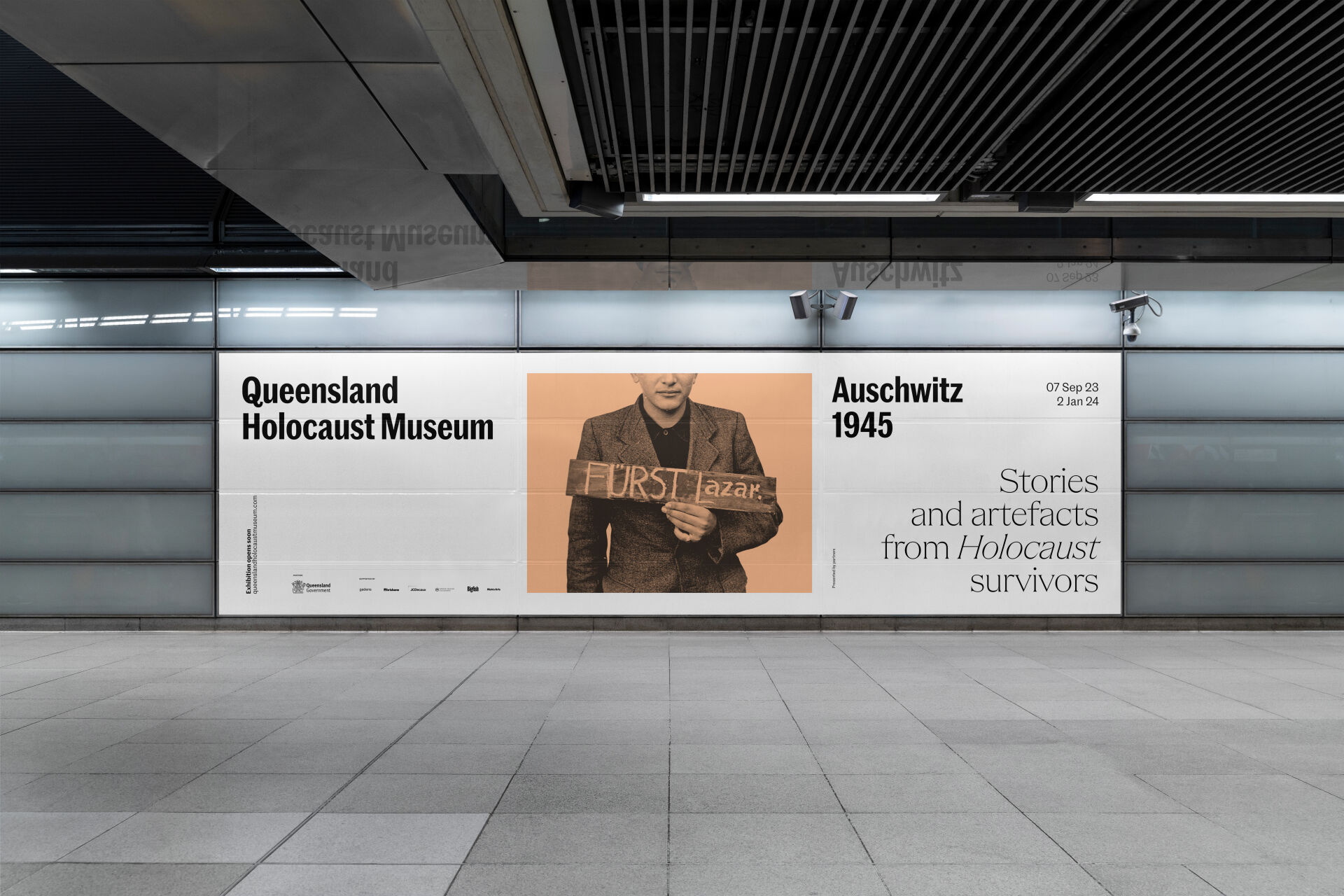 Landscape poster designed to promote the Queensland Holocaust Museum, featuring white space and an interesting grid layout.