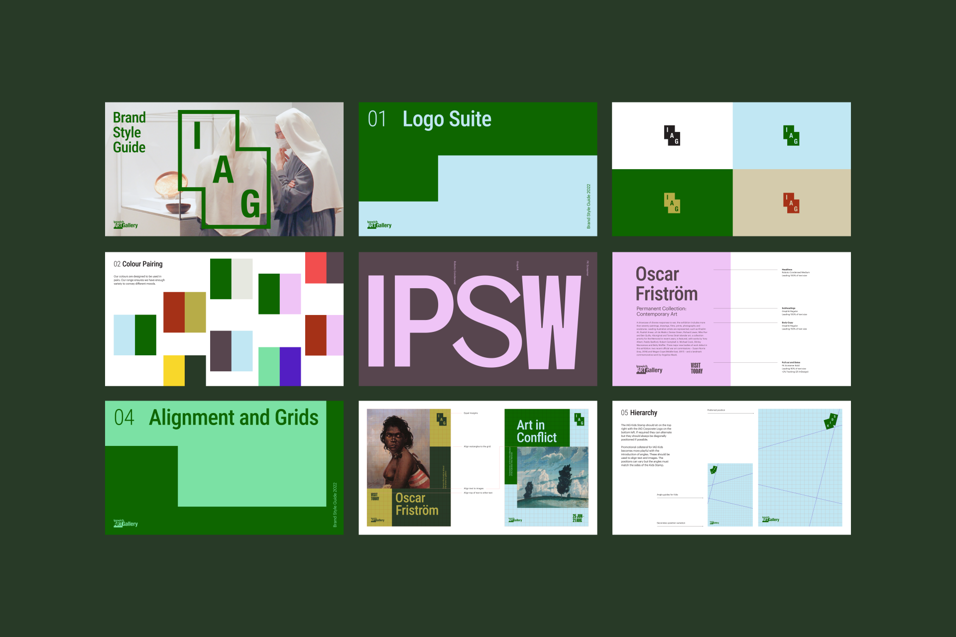Pages from the Ipswich Art Gallery brand styleguide